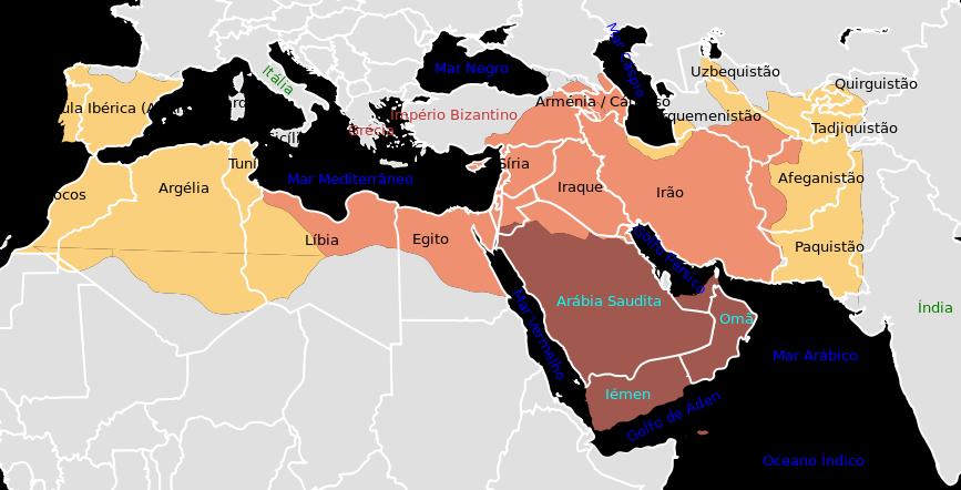 Mapa da expansão Árabe, com