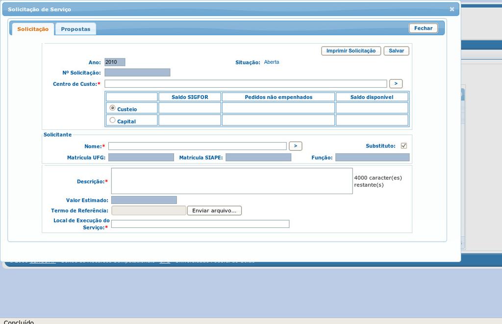 Tela de nova solicitação de serviço - Figura 1.2 Na tela de solicitação de Serviço busca-se automaticamente o campo ano de acordo com o ano corrente.