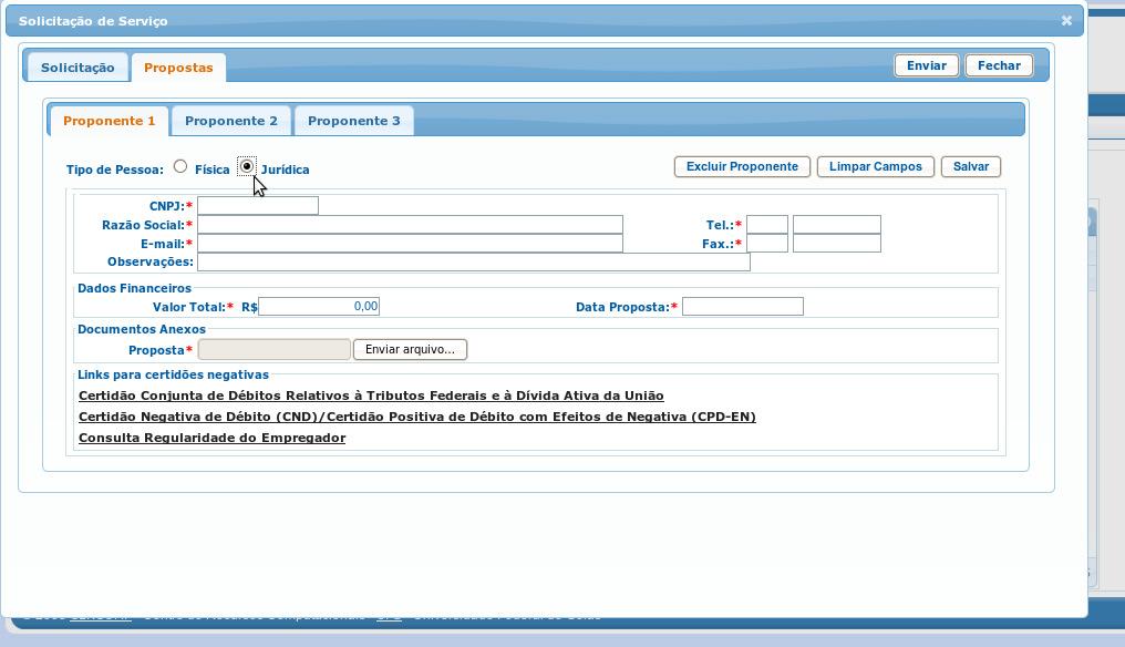 Tela de Proposta de Pessoa Jurídica - Figura 1.4 É permitido informar até 3 propostas.