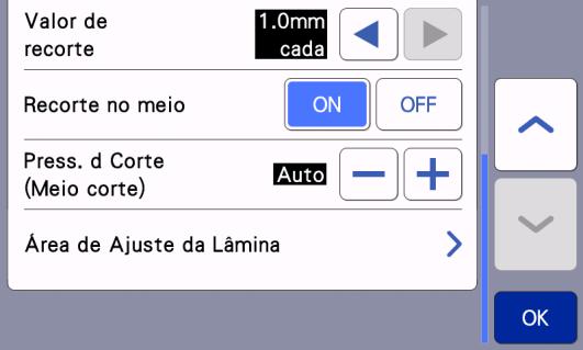 e Toque em na tela de edição de padrão e defina o meio-corte como ON (habilitado). O recurso de meio-corte só é disponibilizado quando o suporte de lâmina automática está instalado.