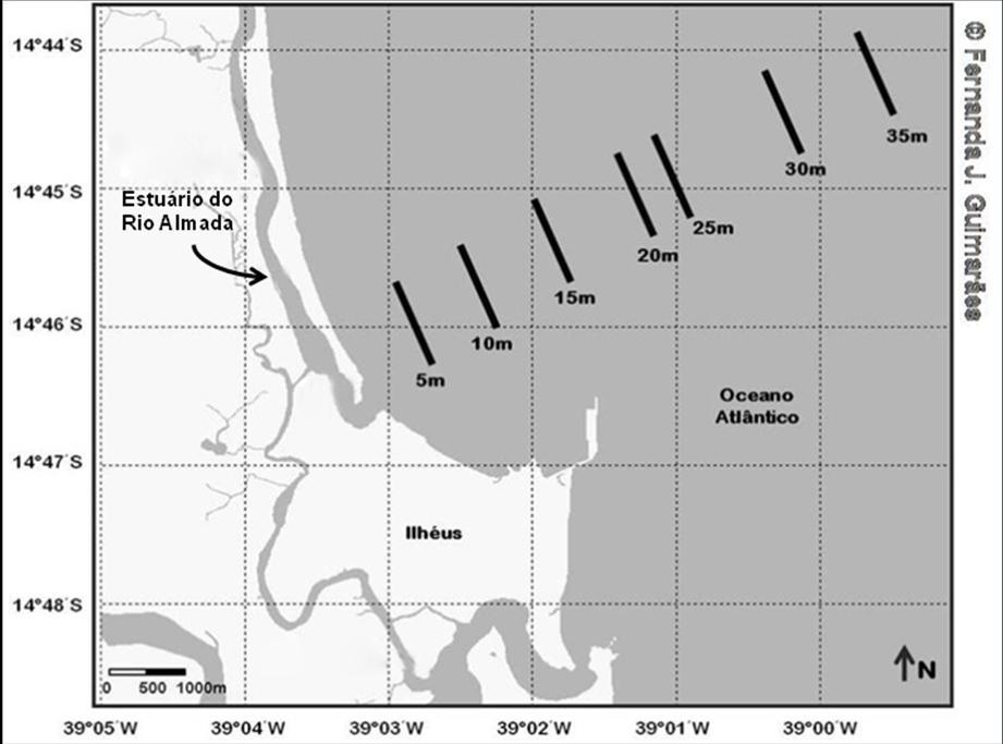 Figura 4. Locais de coleta na plataforma continental. As barras mostram os locais de arrastos entre as isóbatas médias de 5 até 35 m de profundidade, em llhéus, Bahia, Brasil.
