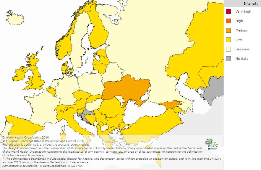 Situação internacional: Europa Figura 15 Intensidade da atividade gripal na Europa, semana 49/218.