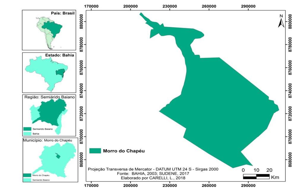 Figura 1. Localização geográfica do município do Morro do Chapéu, Bahia. De posse das variáveis meteorológicas, procedeu-se o cálculo da ET 0 proposto pela FAO 56 (ALLEN et al.