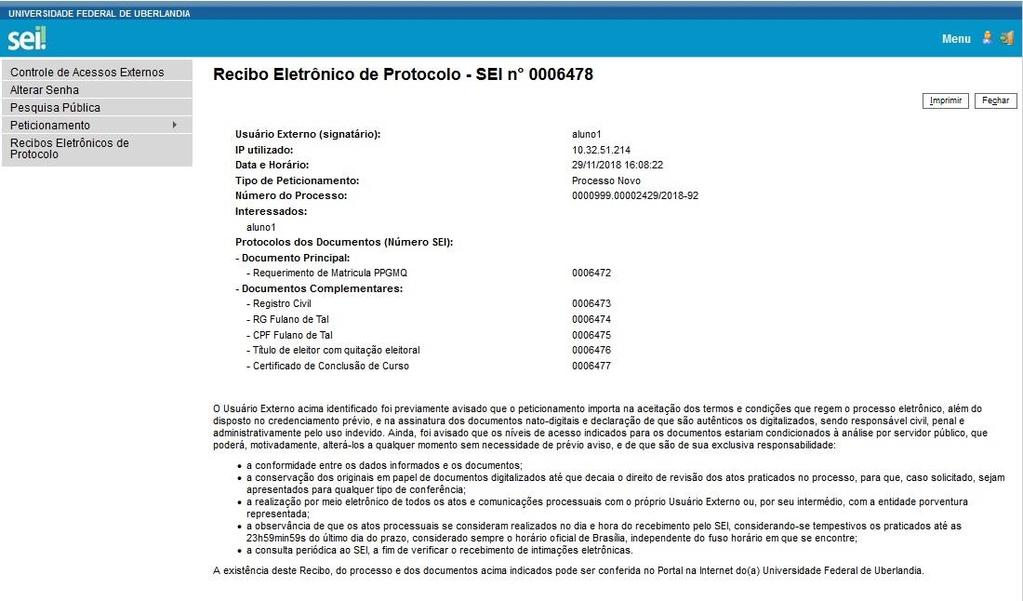 discente que cliquem em Imprimir para que tenham o comprovante de