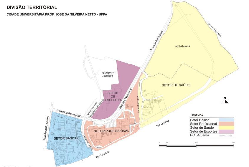 9 Figura 1: Divisão territorial do Campus Universitário Fonte: Plano Diretor UFPA (2011) O Setor Básico possui uma área de 30,03 ha e o Profissional, 30,97 ha (PLANO DIRETOR UFPA, 2011).