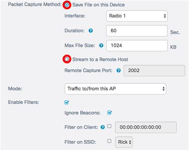 Flua a um host remoto Reorienta os pacotes capturados no tempo real a um computador externo que execute as ferramentas do analisador do protocolo de rede.