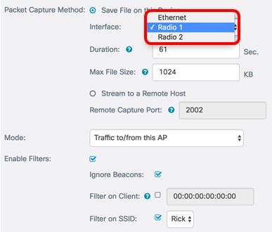 Rádio 1 tráfego do 802.11 na interface de rádio 1. Rádio 2 tráfego do 802.11 na interface de rádio 2. Nota: Neste exemplo, o rádio 1 é escolhido. Etapa 4.