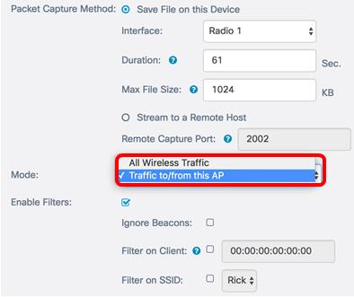 Etapa 8. Verifique a caixa de verificação dos filtros da possibilidade para permitir filtros específicos na captura de pacote de informação. A verificação que (opcional) de etapa 9.