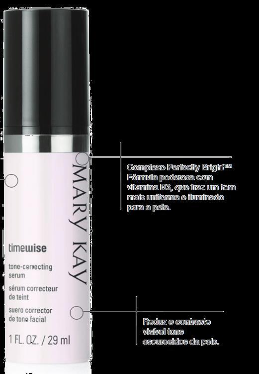 O Sérum Corretor de Tom Facial TimeWise contém o inovador Complexo Perfectly Bright, desenvolvido pela Mary Kay, que é resultado de 10 anos de