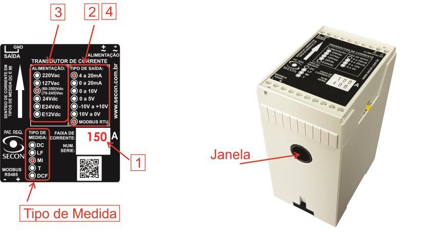 Utilizando o diagrama anterior, pode-se determinar o código dos produtos a partir da etiqueta fixada sobre o transdutor: 1 - Valor nominal (A) da corrente de entrada. 2 4 - Tipo(s) de saída(s).
