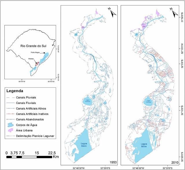 Figura 1 Localização e alterações na rede de drenagem da Planície Lagunar sob influência do Canal São Gonçalo RS-Brasil (1953-2010) Figura 2 Extensão dos tipos de canais de drenagem e densidade de