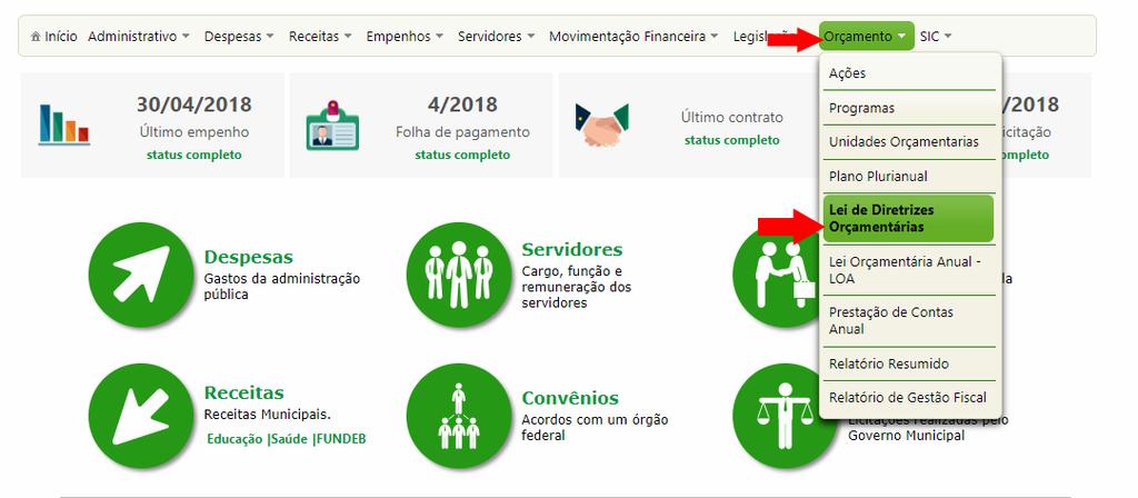 Diretrizes Orçamentárias Para acessar, vá em: Menu