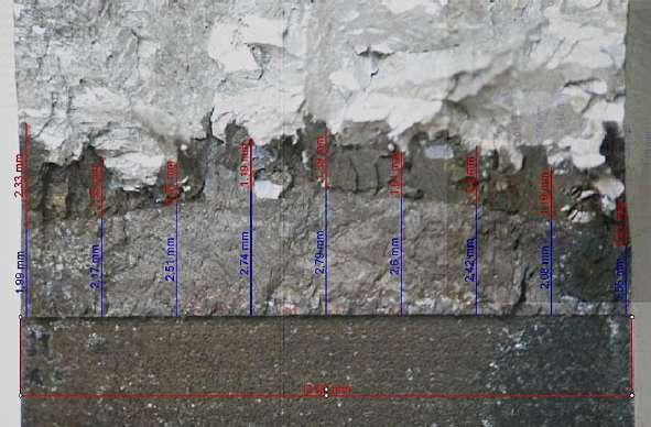 Figura 36: Metodologia para medir o comprimento da trinca de fadiga e da propagação do crescimento estável da trinca (em azul a trinca de fadiga e em vermelho o crescimento estável da trinca, Δa).