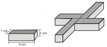 Tarefa de casa 3 (Prova OBMEP 2005 2 a Fase N3 Questão 1) Quincas Borba uniu quatro blocos retangulares de madeira, cada um com 4 cm de comprimento, 1 cm de largura e 1 cm de altura,