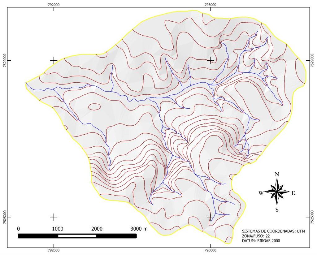 Figura 1. Planialtimetria e hidrografia da microbacia do Córrego do Veado Brotas (SP).