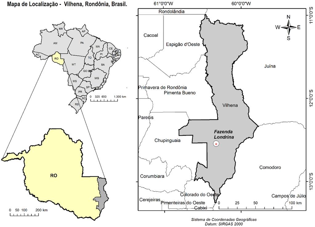 Figura 1. Localização da área de estudo em Vilhena, estado de Rondônia, Brasil.