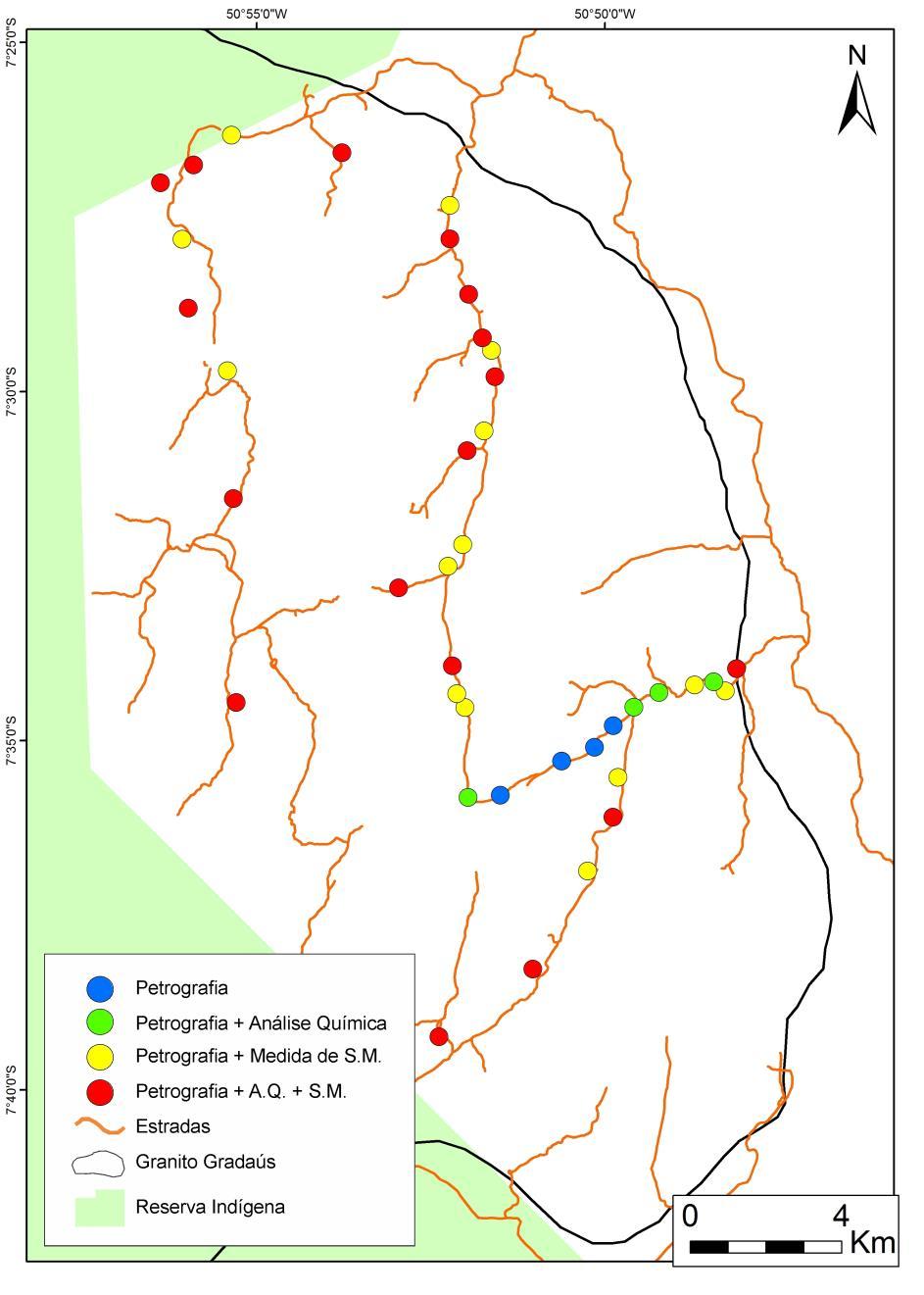 20 Figura 4 - Mapa de localização dos afloramentos estudados na área leste do Granito Gradaús. 1.5.