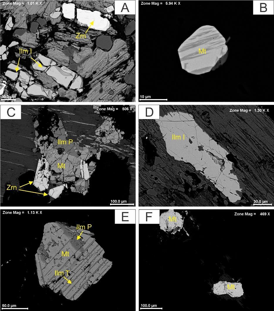 Figura 12 - Imagens de elétrons retroespalhados dos principais minerais óxidos de Fe-Ti encontrados no Granito Gradaús.