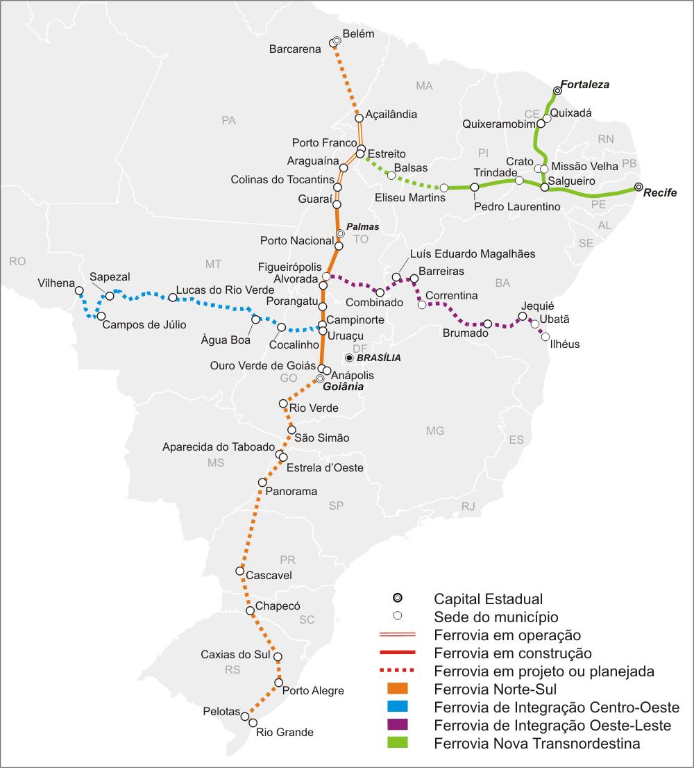 Figura 1 Principais ferrovias brasileiras em operação e construção Fonte: www.revistaferroviaria.com.br. Situação em dezembro de 2010. Elaborado pelo autor.