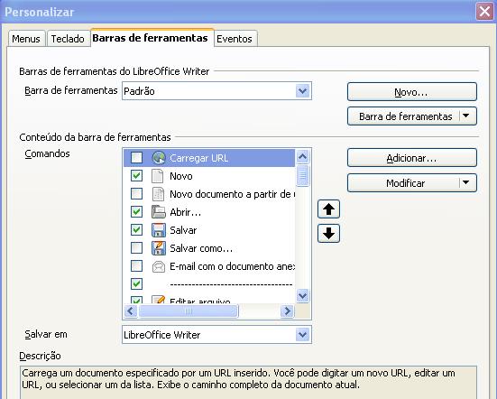 2) De volta à janela Personalizar, use as setas para cima e para baixo para organizar os comandos na sequencia de nossa preferência.