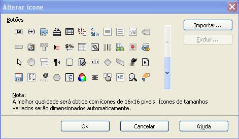 Figura 5: Janela Alterar ícone Exemplo: Adicionando um ícone Fax para a barra de ferramentas Você pode personalizar o LibreOffice de modo que um único clique em um ícone automaticamente envia o