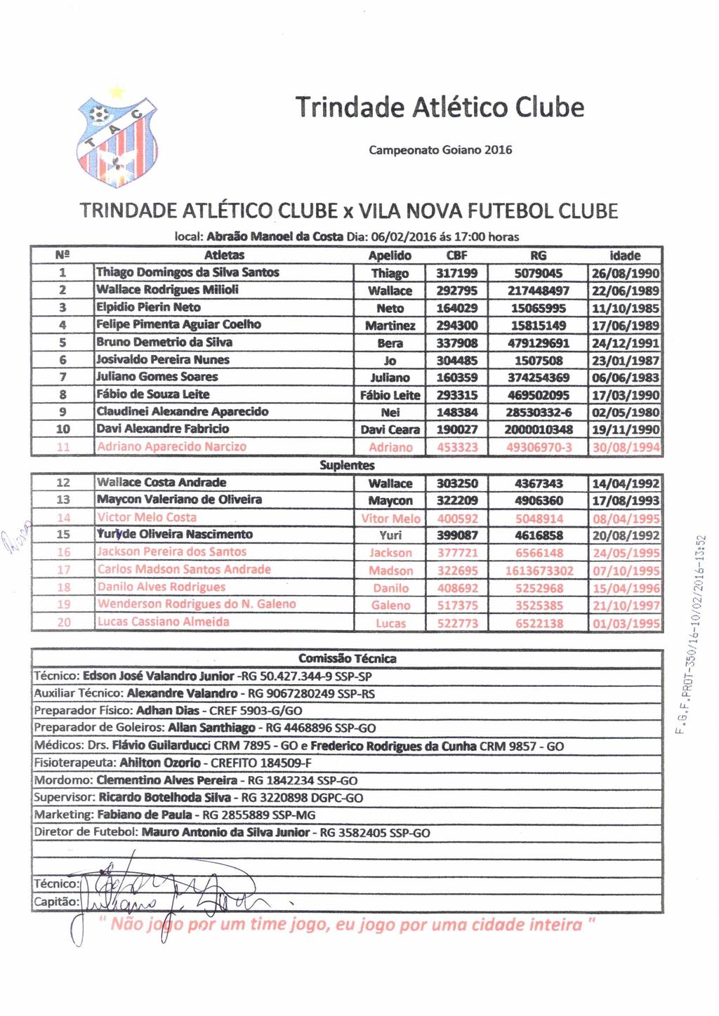 Trindade Atlético Clube Campeonato Goiano 2016 TRINDADE ATLÉTICO CLUBE x VILA NOVA FUTEBOL CLUBE local: Abraão Manoel da Costa Dia: 06/02/2016 ás 17:00 horas IP Atletas Apelido CBF RG idade 1 Thiago