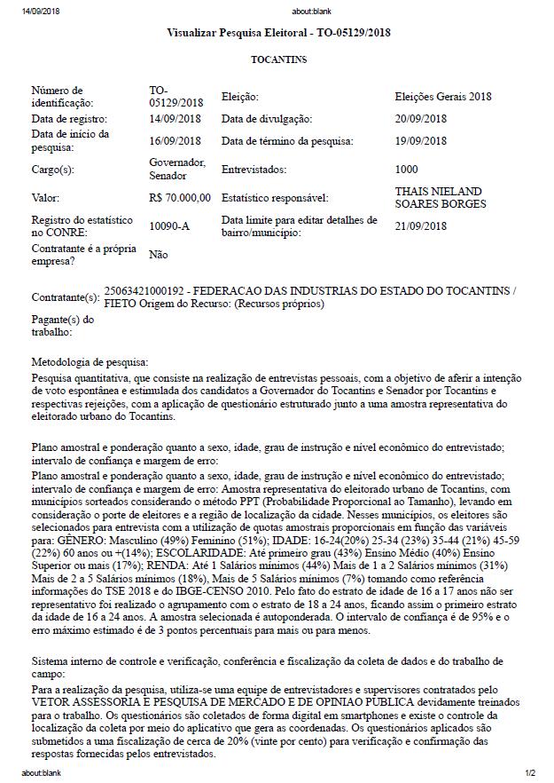 REGISTRO DE SETEMBRO DA PESQUISA - TO Atenção: Os dados desta pesquisa estão disponíveis para divulgação a partir do dia 20 de setembro de 2018 e foram registrados no Tribunal Eleitoral sob os