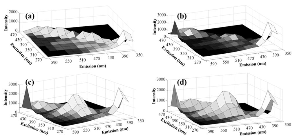 40 Figura 18 Espectros de autofluorescência de superfície para amostras de presunto de Parma maturadas a seco referentes a seguintes classes: (a) crua, (b) salgada, (c) maturada, (d) envelhecida.