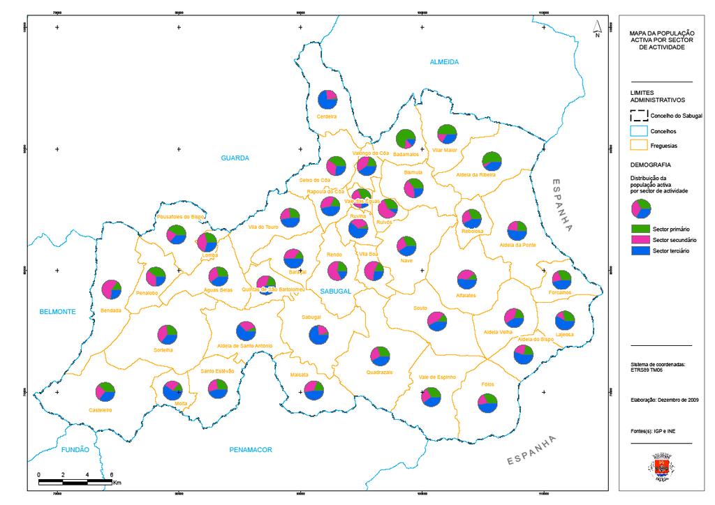 3.6 População por sector de Actividade (%) 21 Figure 13 - Mapa da População por sector de actividade As actividades primárias são as que ocupam menor percentagem dos activos, 19%, tendo deixado de