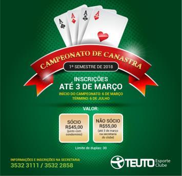 CAMPEONATO DE CANASTRA / 1º SEMESTRE / 2018 CALENDÁRIO Canastra do Teuto - Calendário I Semestre de 2018 Março Abril Maio D S T Q Q S S D S T Q Q S S D S T Q Q S S 1 2 3 1 2 3 4 5 6 7 1 2 3 4 5 4 5 6