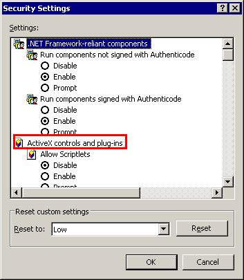 จะปรากฏหน าต าง Security Settings ในช อง Setting ให มองหาห วข อ ActiveX controls and plug-ins กรณ เป น IE เวอร ช น 7 ในห วข อย อยของ ActiveX controls and plug-ins อาจม