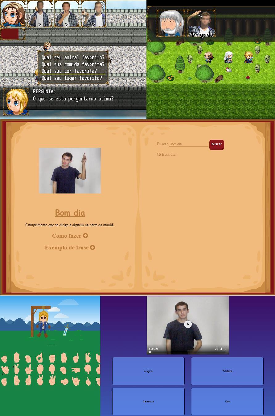 Figura 1 Exemplos de interfaces implementadas Na figura 1 é possível observar algumas cenas da história e como são as conversas normais e as conversas utilizando a linguagem de sinal.