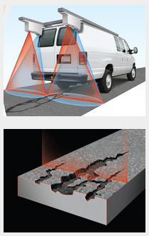 Esta tecnologia permite a visão 3D com precisão transversal de 1 mm e precisão em profundidade de 0,5 mm, para avaliação automática do estado do pavimento, seja de asfalto ou concreto.