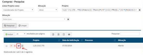 Solicitações de Compras Uma vez que os arquivos forem anexados ao pedido, retorne à tela de pesquisa de solicitações, selecione o projeto e clique em "Pesquisar".