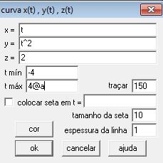 13 Passo 6 - Equação > curva > x = t y = t^2 z = 2 > t min = -4, t máx. = (4@a) > ok.