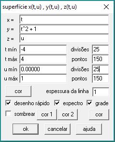 19 Fechando o cilindro: Equação Paramétrica (abrirá a janela ao lado) X = t Y = t^2 + 1 Z = u T mín.: - 4 T máx.: 4 Divisões: 25 U mín.: 0 U máx.