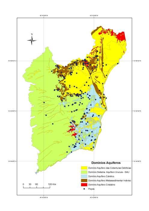 Figura 3. Domínios Aquíferos do Oeste do Estado da Bahia. 2.1 Domínio Aquífero Cristalino O Sistema Aquífero Cristalino ocupa na área de estudo 729,56 km 2, representando apenas 1% da área total.