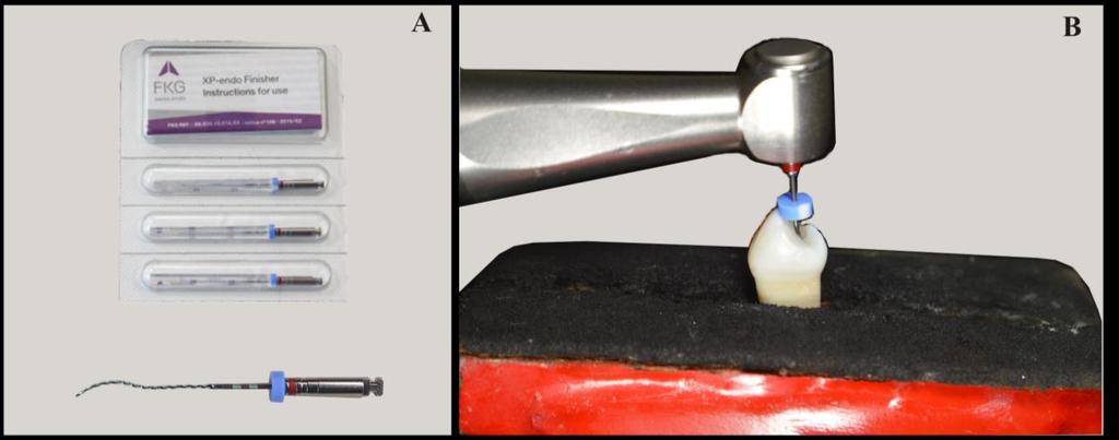28 28 Figura 8. A-instrumento XP endo Finisher. B-instrumento em posição durante a remoção da pasta de Ca(OH) 2. Fonte: Autor. 3.