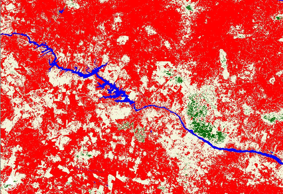 valores em verde representam regiões com SAVI altos (>0,40), os em pêssego representam