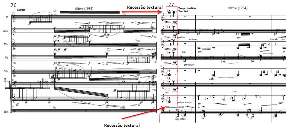 A textura musical na delineação formal de Derivés 1 de Pierre Boulez Exemplo 6: Recessão textural cadencial no c. 26-27 de Dérives 1 de Pierre Boulez. Moguillansky (2003, p.