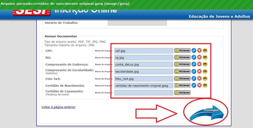 Após anexar todos os Documentos, você conseguirá visualizá-los carregados nos campos específicos, caso queria confirmar se anexou o documento corretamente ou se está legível, clique no Botão e se