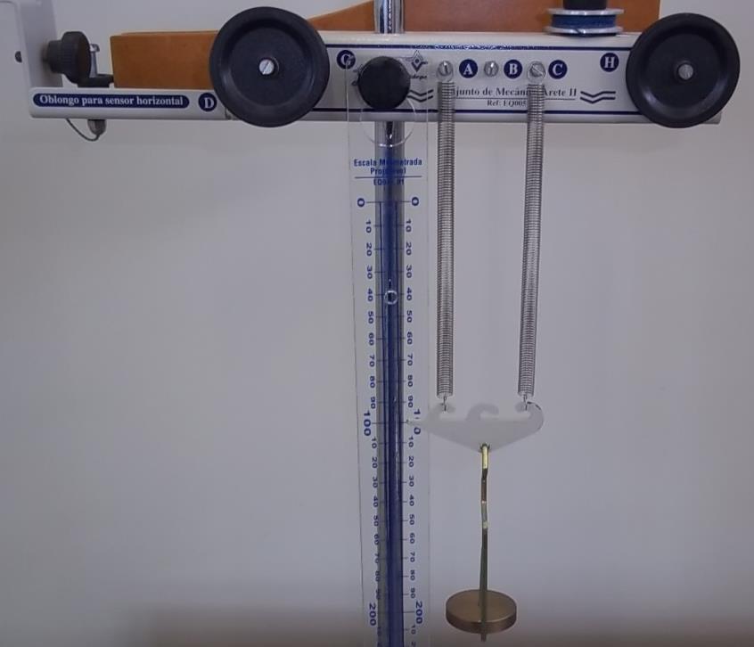 3. Coloque o gancho lastro suspenso na mola, considerando a sua posição inicial de equilíbrio como zero. Defina um ponto de referência e assinale-o como zero na escala da régua. 4.