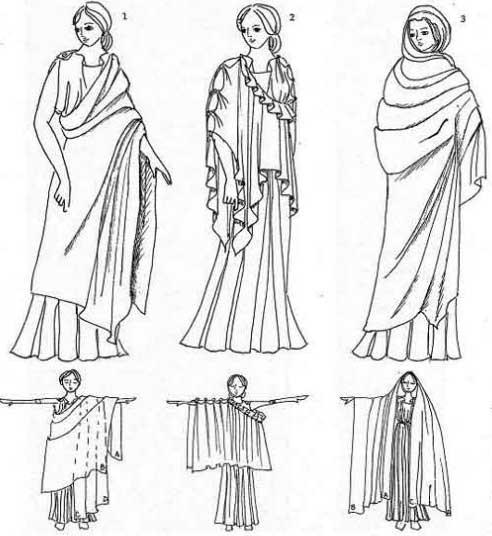 E também várias capas de chuva, capas e assim por diante. Homens usavam uma toga de túnica. Toga não é roupa grega antiga (embora venha daí). Toga foi usado na Roma antiga.