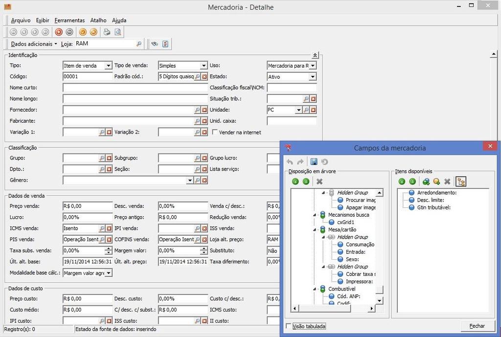 Cadastro mercadoria Configurador de campos de cadastro Permite que o