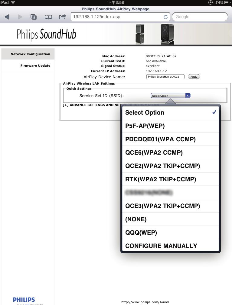 192.168.1.12 7 Na página Web do Philips SoundHub, seleccione o separador Network Configuration