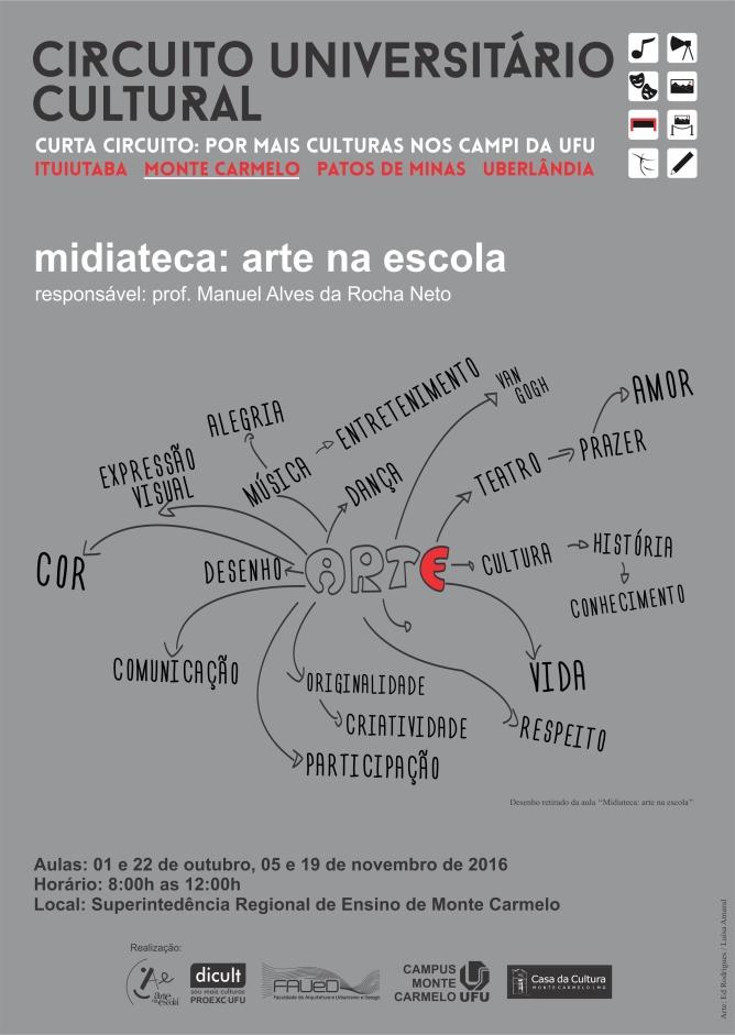 MONTE CARMELO OUTUBRO/NOVEMBRO 2016 Cursos de Extensão e Cultura / Polo UFU Arte na Escola Midiateca: Arte na escola Objetivos: O curso sobre a Midiateca Arte na Escola apresentará aos professores da