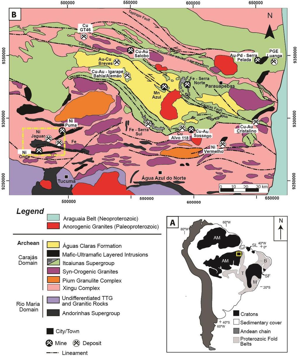 Fig. 1. A) Location of the Carajás Mineral Province. AM - Amazonian Craton; B - Borborema Province; M - Mantiqueira Province; SF - São Francisco Craton; T - Tocantins Province.