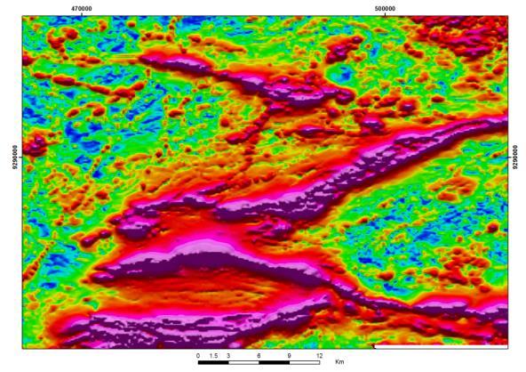 Fig. 2. A) Airborne magnetic total gradient map of the area indicated in the dashed rectangle in Fig. 1. B) Geological map of the region where the Jaguar deposit is located.