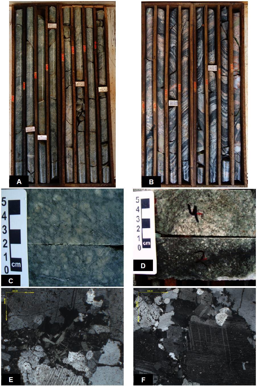 Fig 6. Representative samples of granitic host rocks from the Jaguar deposit. A) and B) Core samples of isotropic granitic rock.