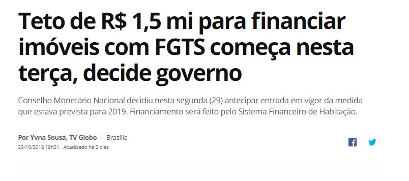 Título: Teto de R$ 1,5 mi para financiar imóveis com FGTS começa nesta